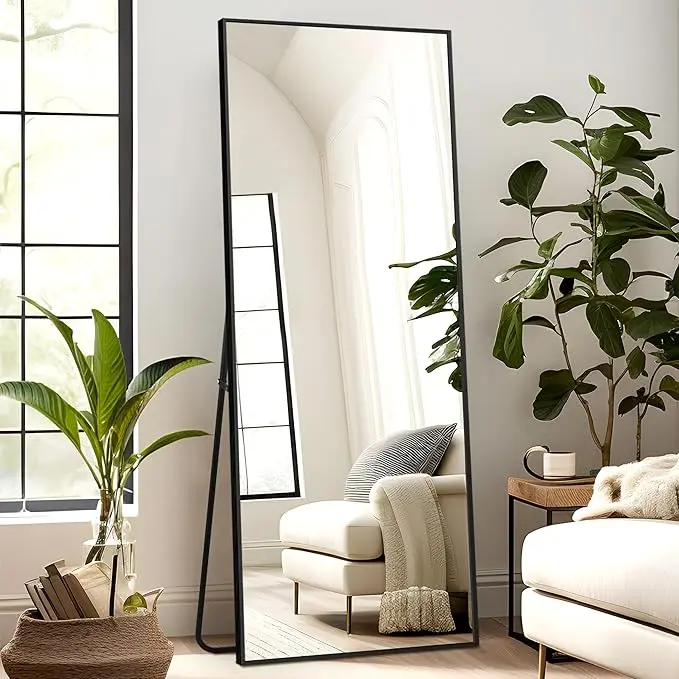 64"x21" Black-Arched Vertical Full Body Mirror, Modern Thin Aluminium Frame Mirror with Explosion-Proof Rust-Proof Glass, Sturdy Light-to-Move Wall-Mounted/Hanging/Leaning Bedroom Indoor Furniture Decor