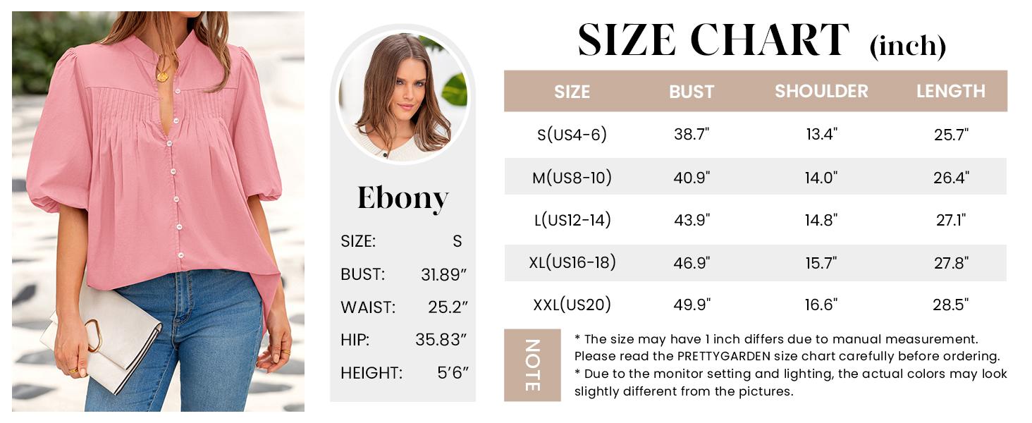 PrettyGarden Women's Button Down Lined Shirt Short Lantern Sleeve Summer Tops Loose Fit Casual Pleated V Neck Blouses