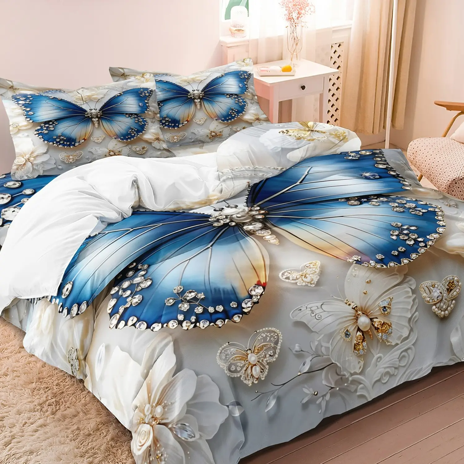 3pcs Set Butterfly & Flower Bow Print Decorative Theme Bedding Set, Including 1 Duvet Cover & 2 Pillowcases without Filler, Soft Bedding Sets, Bedding Supplies for Home Bedroom Hotel