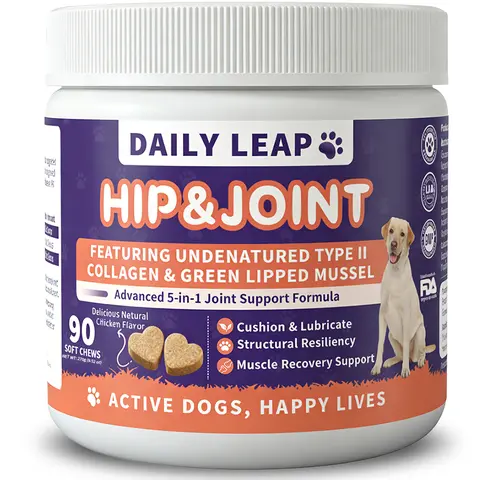 DailyLeap Hip & Joint Mobility Bites for Dogs - Natural Joint Health Supplement with Green-Lipped Mussel, Undenatured Type II Collagen, MSM, Glucosamine, Chondroitin Sulfate, Omega-3 & Curcumin - Supports Joint Health, dog vitamins，90 Soft Chews
