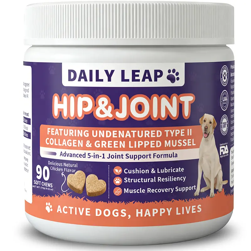 DailyLeap Hip & Joint Mobility Bites for Dogs - Natural Joint Health Supplement with Green-Lipped Mussel, Undenatured Type II Collagen, MSM, Glucosamine, Chondroitin Sulfate, Omega-3 & Curcumin - Supports Joint Health, dog vitamins，90 Soft Chews