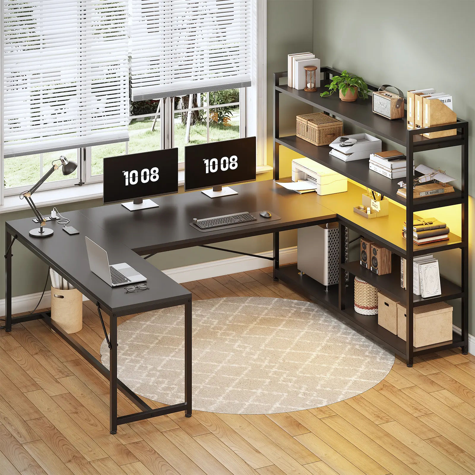 Sedeta 63-Inch Reversible L-Shape Wooden Desk - Gaming & Laptop Desk, Modern Style Dual-Monitor Home Office Workstation with LED Lighting, Power Outlet, 5-Tier Storage Shelves, Monitor Stand, Commercial Office Furniture, Gaming Desk