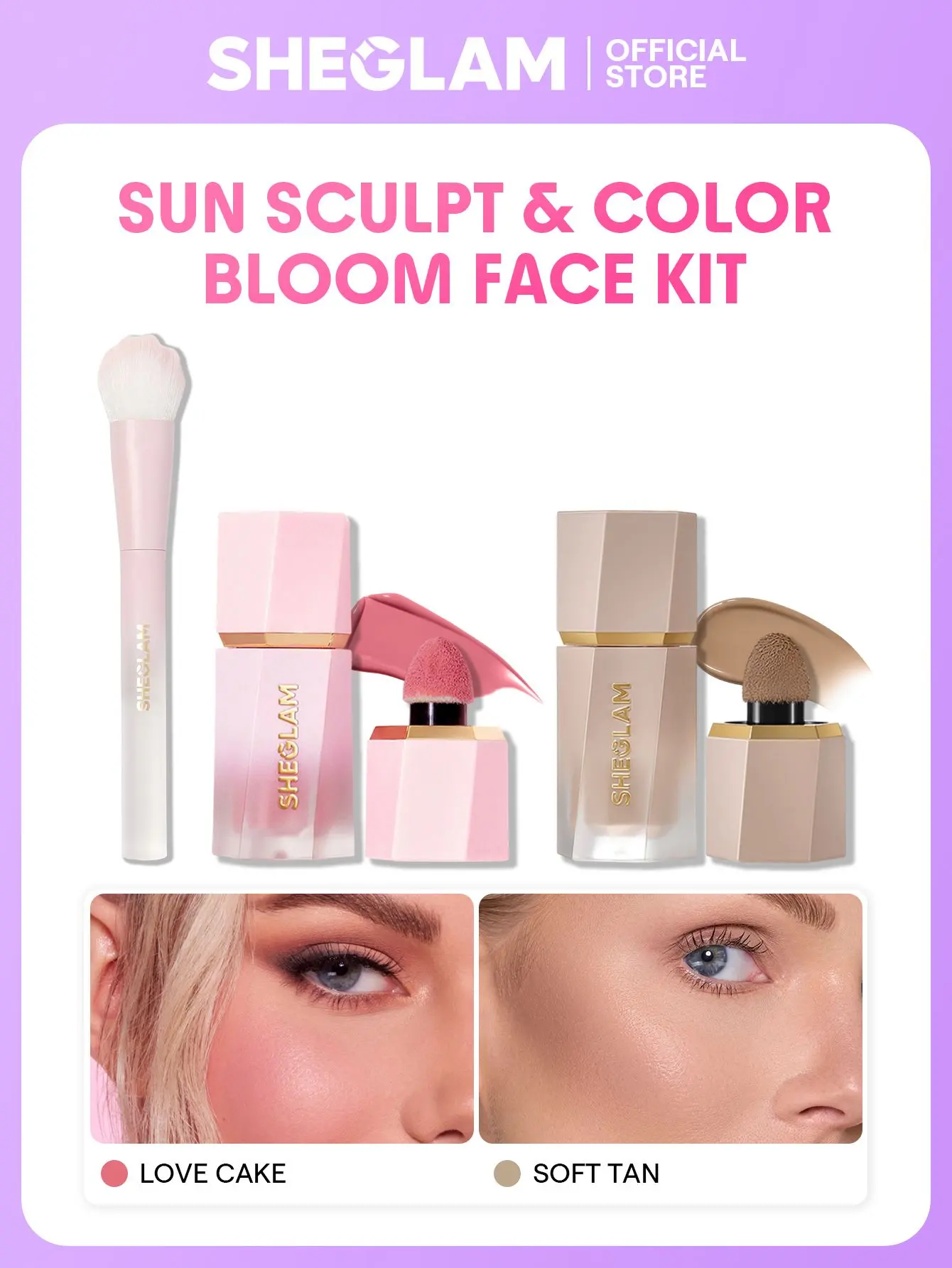 【FREE SHIPPING】SHEGLAM Color Bloom Liquid Blush Sun Sculpt Contour Blush Brush Set Liquid Blush Cream Contour Lightweight Buildable Dewy Natural Glow Makeup Kit 3pcs Set