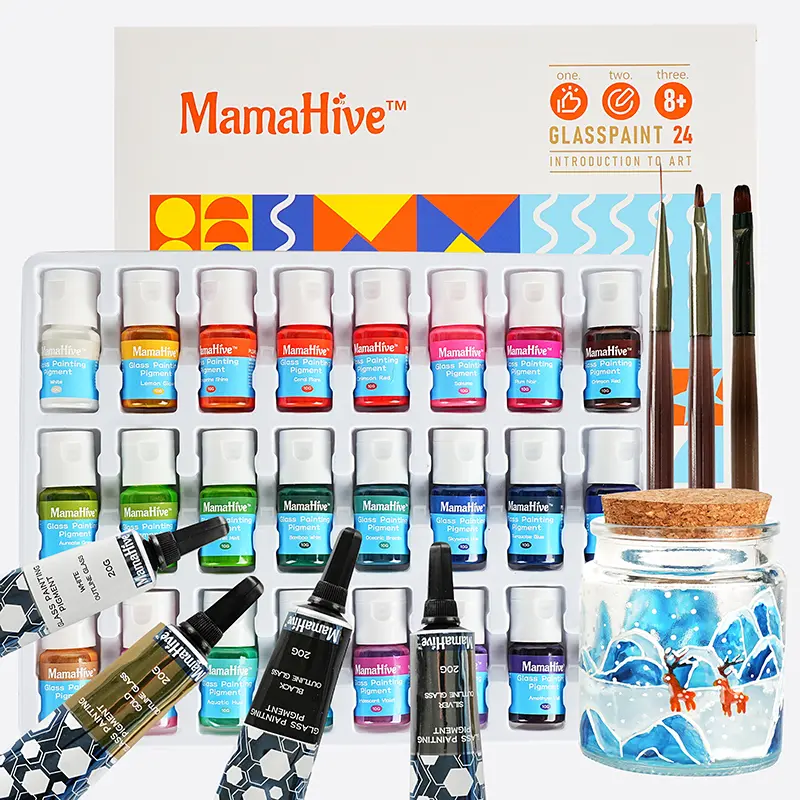 MamaHive 24-Color Beginner Friendly Glass Painting DIY Kit, Water-Based Non-Toxic Craft Set for Kids, Includes Line Pens, Filler Paints, Brushes, Palette, Acrylic Frame, Bright Colors for Glass & Tile Use