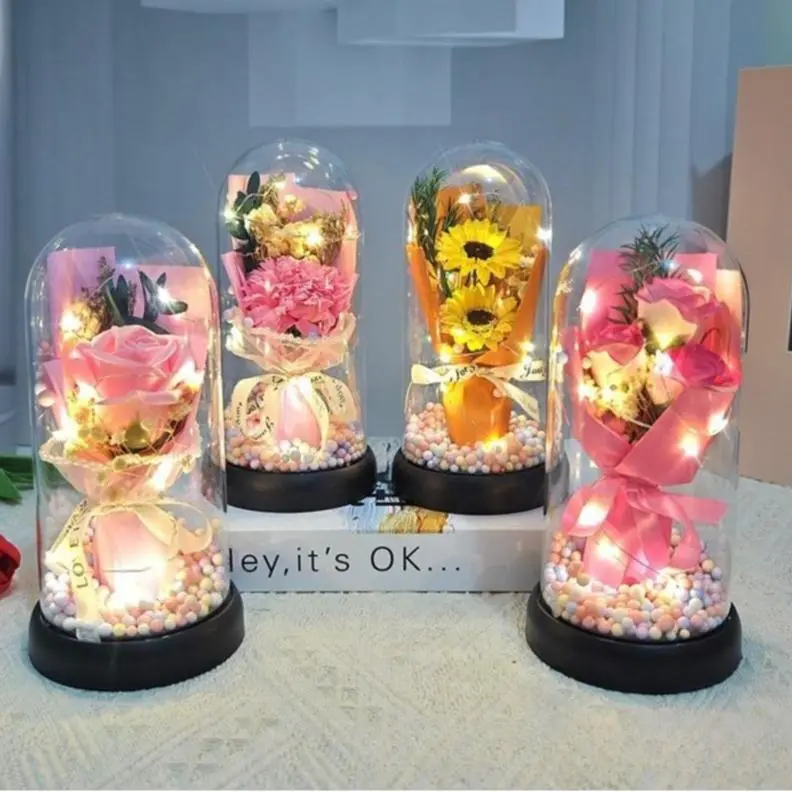 Lighted Acrylic Dome Eternal Flower Bouquet - Preserved Soap Roses, Carnations, Tulips, 3 Pink Home Decor Ornaments, Mothers Day Gift Ideas Bundle for Women (Flowers for Gifting Needs), Gift Set For Women