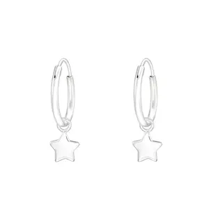 Dangling Star 12mm Hoop Earrings - Pair - 925 Sterling Silver