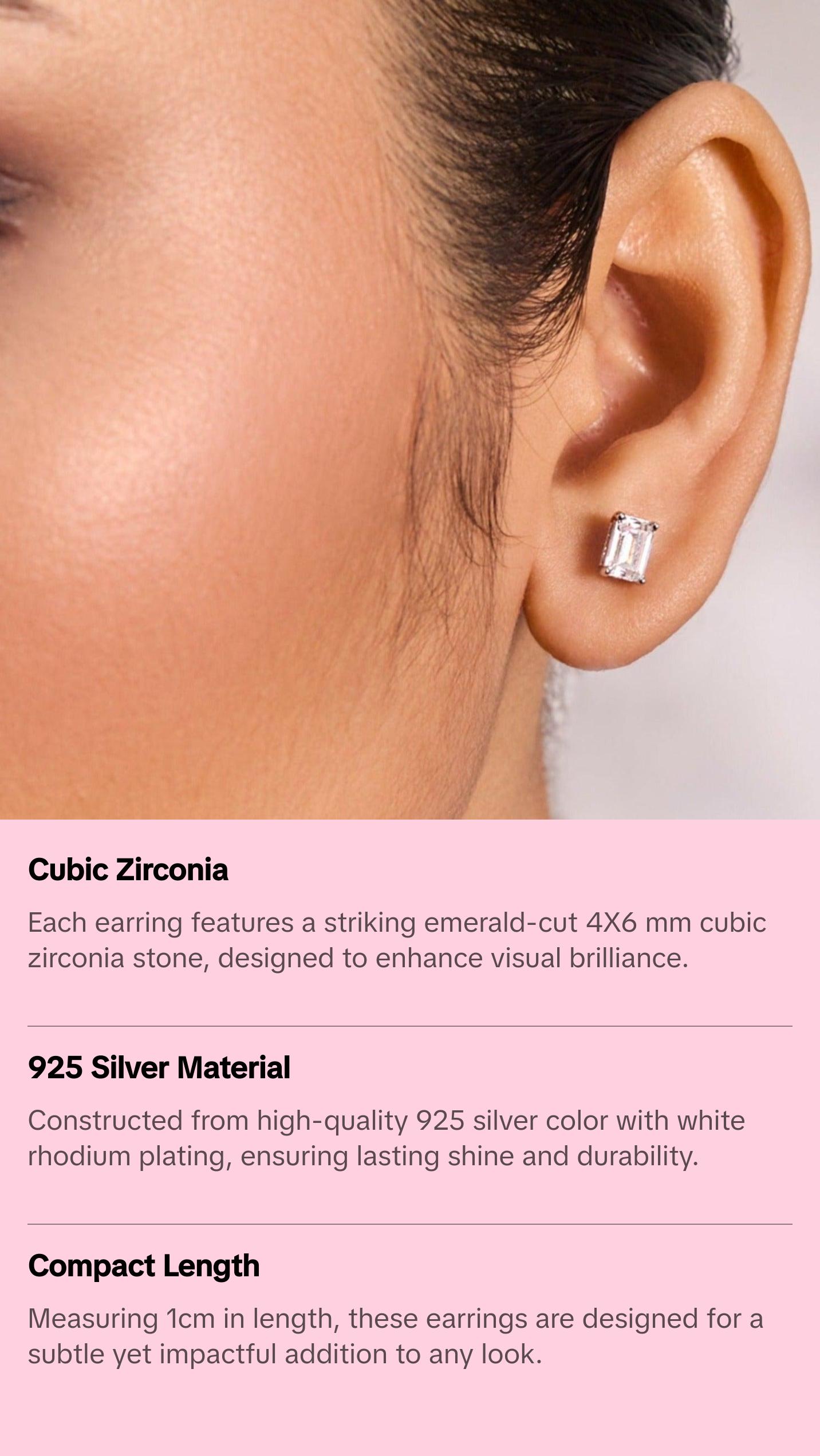 Classic Emerald cut CZ Solitaire Silver Stud Earrings, Mini