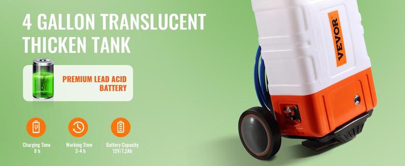 VEVOR Battery Powered Backpack Sprayer with Cart, 0-94 PSI Adjustable Pressure, 4 Gallon Tank on Wheels, with 8 Nozzles and 2 Wands, 12V 7.2Ah Battery, Wide Mouth Lid for Weeding, Spraying, Cleaning