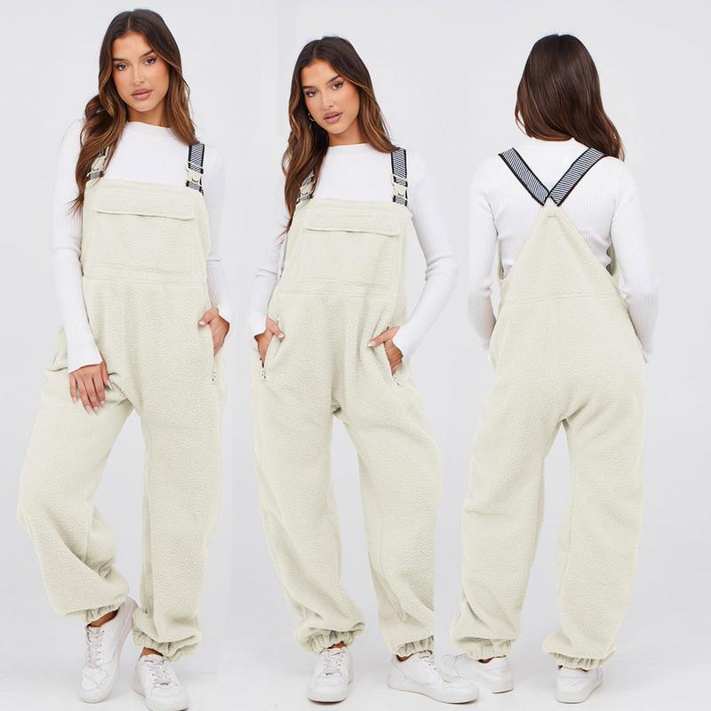 Buenoble Women's Fuzzy Fleece Overalls Winter Bib Pants Loose Fit Adjustable Strap Jumpsuit Warm Teddy Sherpa Romper Loungewear Streetwear