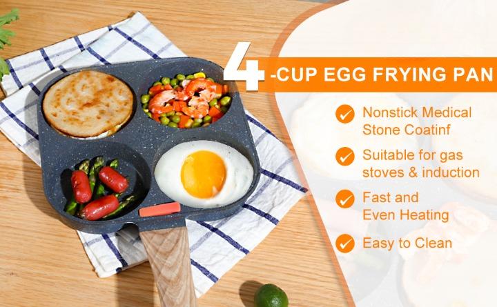 Non-stick Egg Frying Pan, 4 Holes Skillet With Handle, Multifunctional, Wooden Handle Stone Omelet Non-stick Cookware frying pan