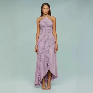 High-end Chiffon Dress for Women, Ruffled Pleated Design Slimming Midi Dress