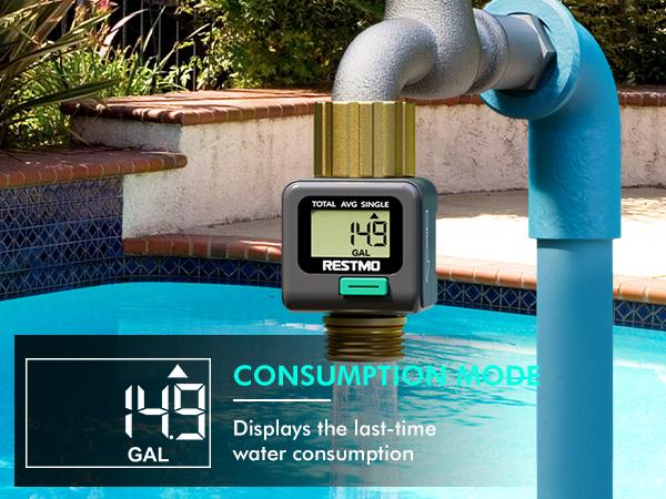 The RESTMO water flow meter measures water consumption (gallons/liter) and flow rate for RV water tank monitoring, lawn sprinklers, and nozzle sprinklers. It features brass inlet and outlet and measures water usage for outdoor garden hose watering.
