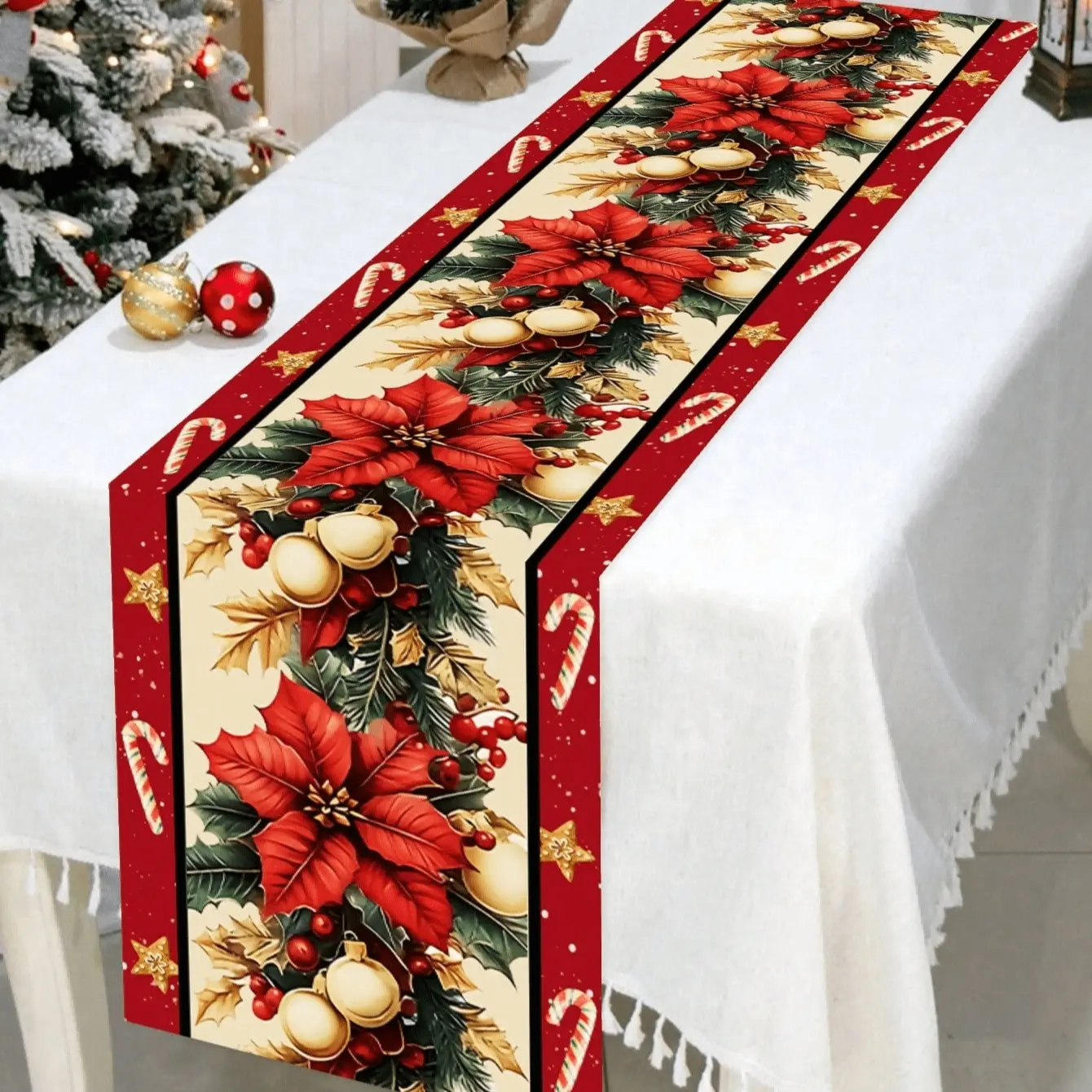Christmas Dining Table Runner 30x180 Cm, Light Base with Block Edges, Santa Snowman Elf Poinsettia Bells Candy Cane Designs, Festive Holiday Seasonal Theme Decor, Table Decoration