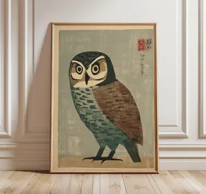 [Sale Up To 50%] Japanese Owl Art Print, Vintage Woodblock Style, Mid Century Animal Poster, Minimalist Bird Illustration, Rustic Nature Wall Decor