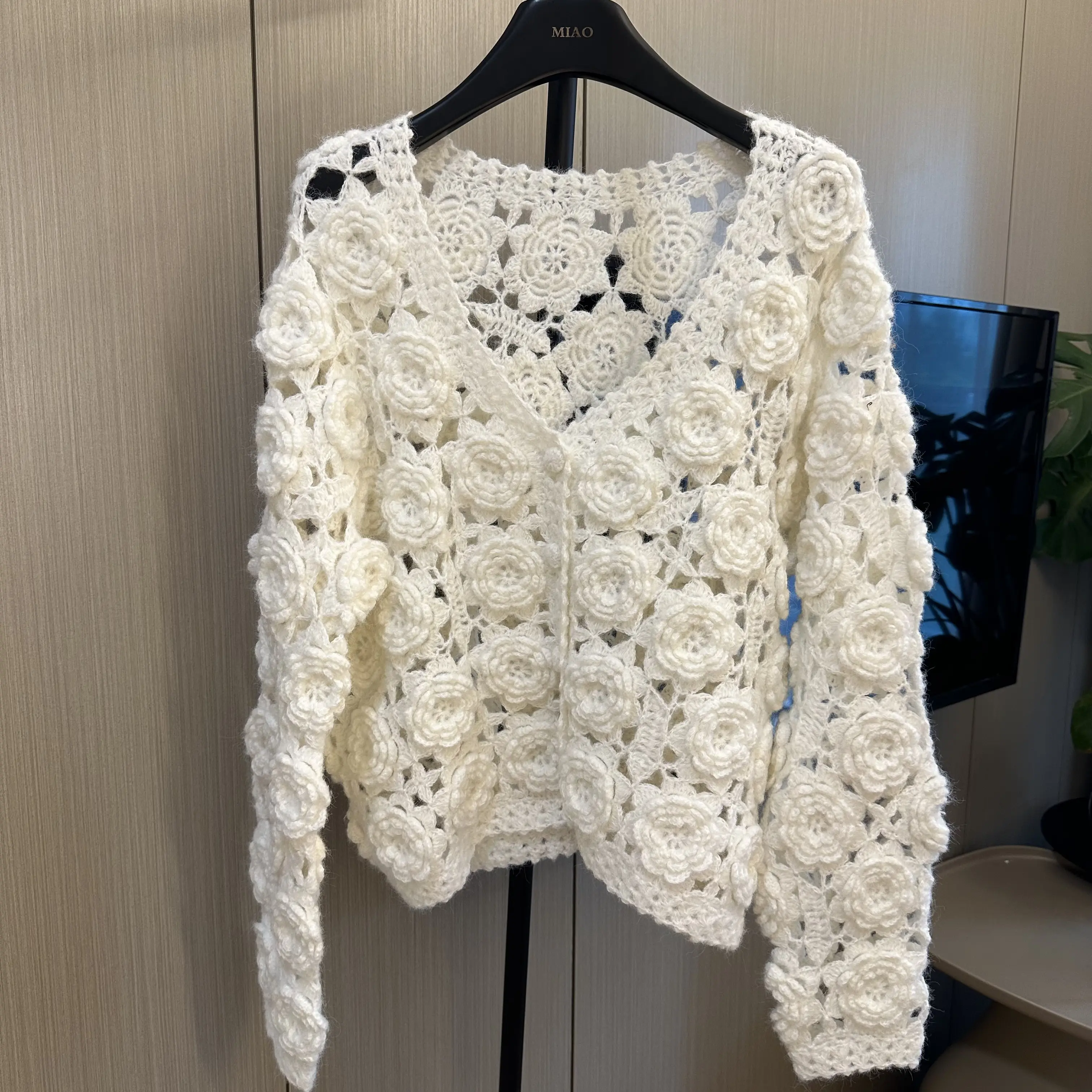 MIAO Women's Mohair Handknitted Sweater V-neck 3D Hollow White Flowers Crochet Cozy Fashion Long Sleeve Floral Knitwear