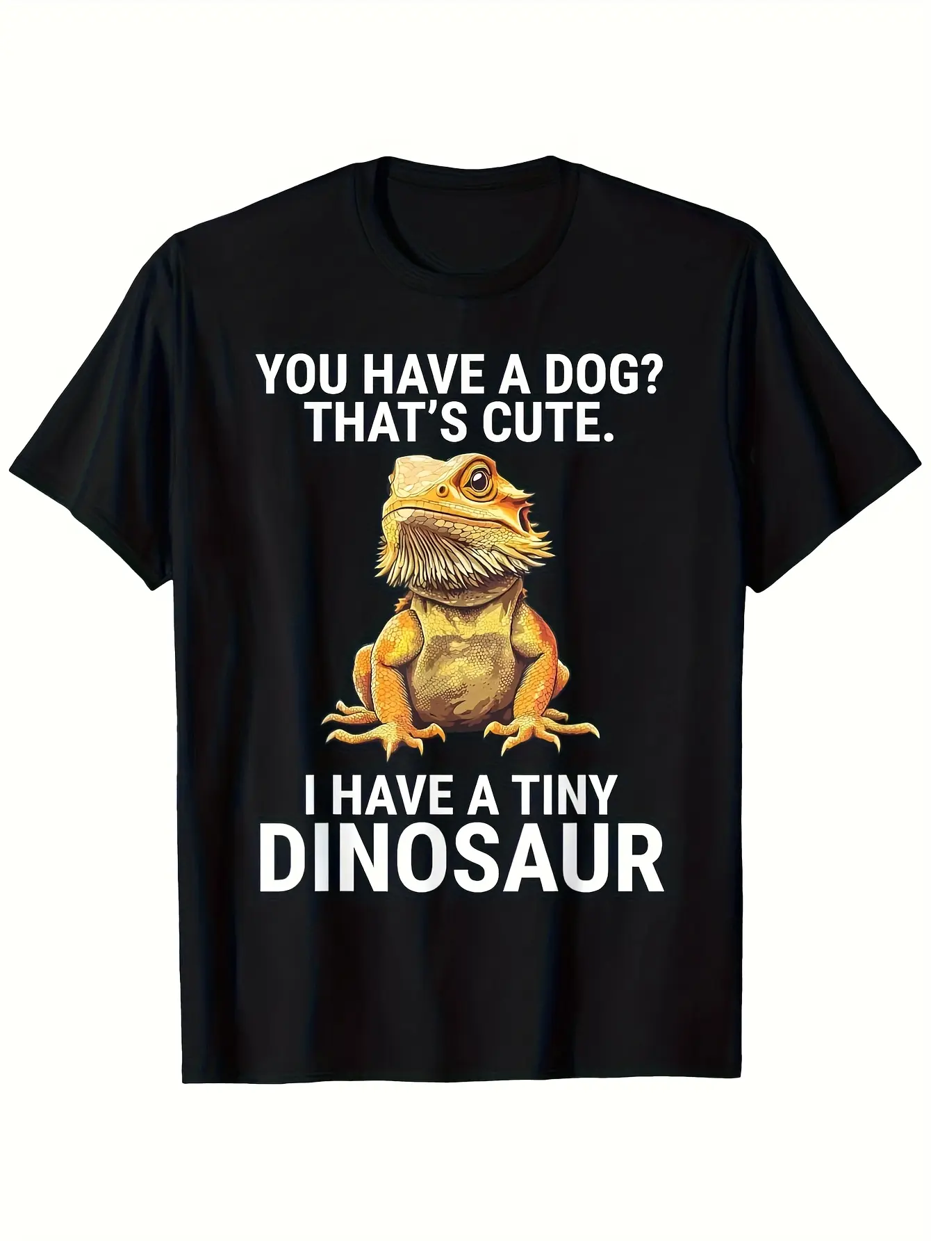 Funny Bearded Dragon & Dinosaur Graphic T-Shirt - "You Have a Dog? I Have a Tiny Dinosaur" Saying -  Cotton 180gsm Soft & Breathable Black Retro Reptile Lover Tee for Men & Women (S-XXXL) - Bearded Dragon Owner Apparel, Casual Crew Neck Short Sleeve S