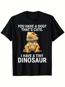 Funny Bearded Dragon & Dinosaur Graphic T-Shirt - "You Have a Dog? I Have a Tiny Dinosaur" Saying -  Cotton 180gsm Soft & Breathable Black Retro Reptile Lover Tee for Men & Women (S-XXXL) - Bearded Dragon Owner Apparel, Casual Crew Neck Short Sleeve S