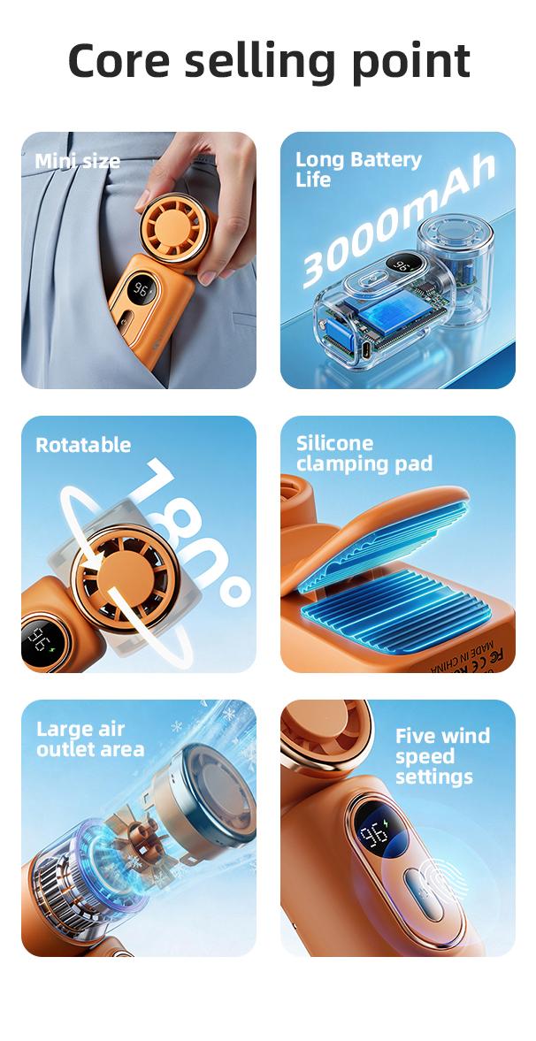 Mini Portable Handheld Clip Fan, 3-in-1 Rechargeable 3000mAh Battery, 5 Speeds, 180° Adjustable Airflow, USB Cooling, Perfect for Travel, Office, and Personal Use - Protection