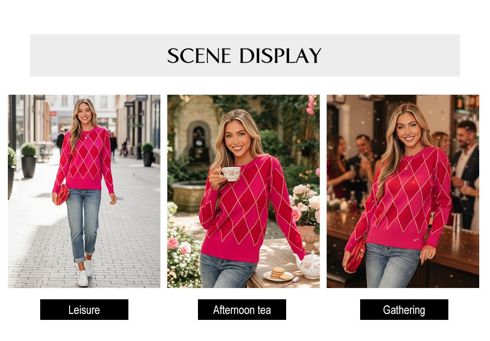 Asvivid Women's Glitter Rhombus Argyle Pattern Knit Casual Cute Sweater Pullover Jumper Tops Long Sleeve / Sleeveless Knitwear for Spring Fall Valentines Outfits