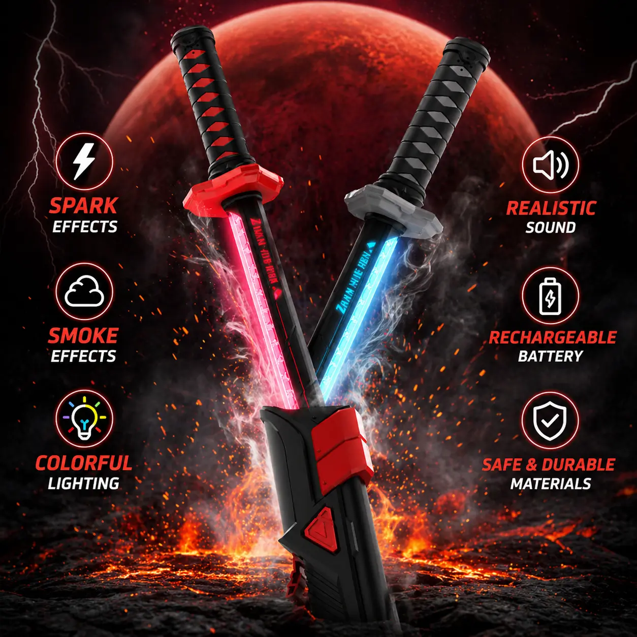 23" SparkBlade Samurai LED Lightsaber Toy–Cyberpunk Katana with Sound,Fog & RGB Light Sword, Rechargeable for Cosplay, Rave & Summer Night Fun