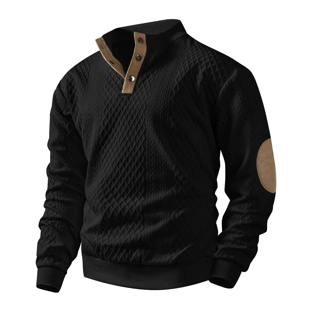 Men's Basic Polyester Long Sleeve Collared Neck Top - Loose-Fit Henry Collar, Mock Neck, Button Details, Diamond Stitched Patterns, Leather Inserts, Fashion Vintage Look for Casual & Home Sports Use