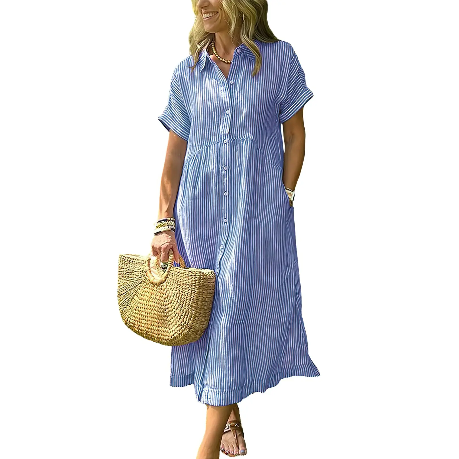 Chouyatou Women's Loose Midi Striped Shirt Dress Bohemian Side Slit Dress with Pockets Office Casual Outfit sundress Summer Breathable bounce dress