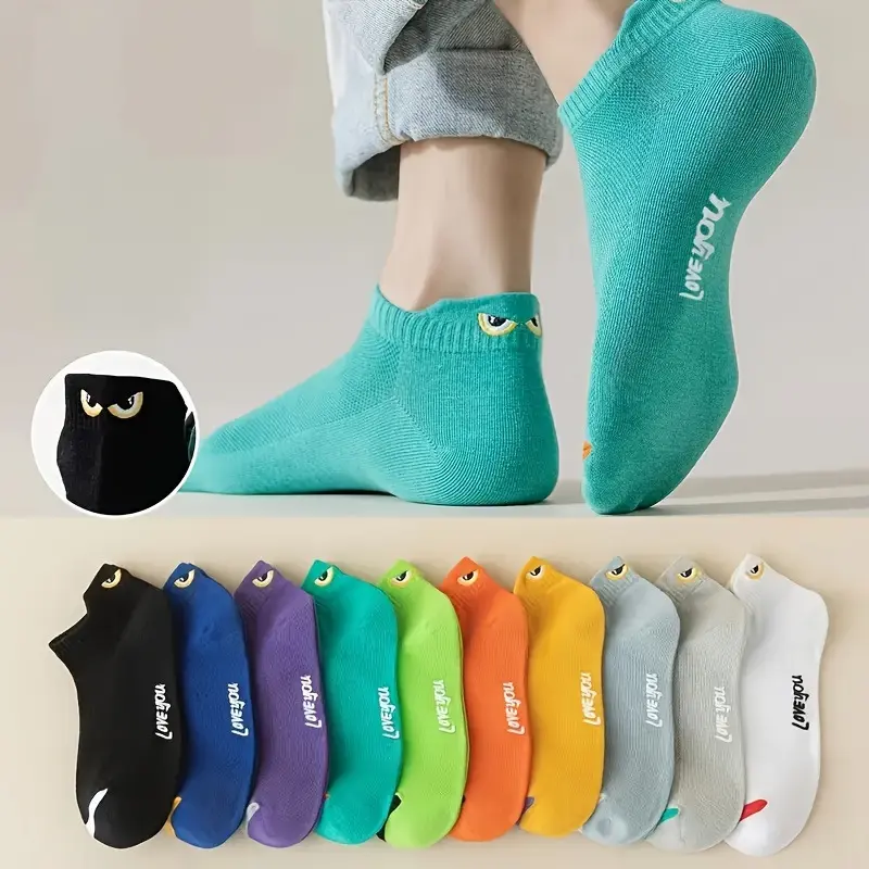 Women's Ankle Socks - Unisex 10/20/30 Pairs Casual Comfy, Lightweight Cotton, Invisible, Sweat-Absorbing, Non-Slip Fun Toe Socks with Cartoon Eyes and Letter Patterns (10 Pairs Mixed Option), Socks Ankle