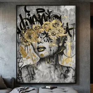 Black-Gold Graffiti Poster, Gold Accents Wall Art, Modern Portrait,  Urban Graffiti Style, Contemporary Home Luxury Home Decor