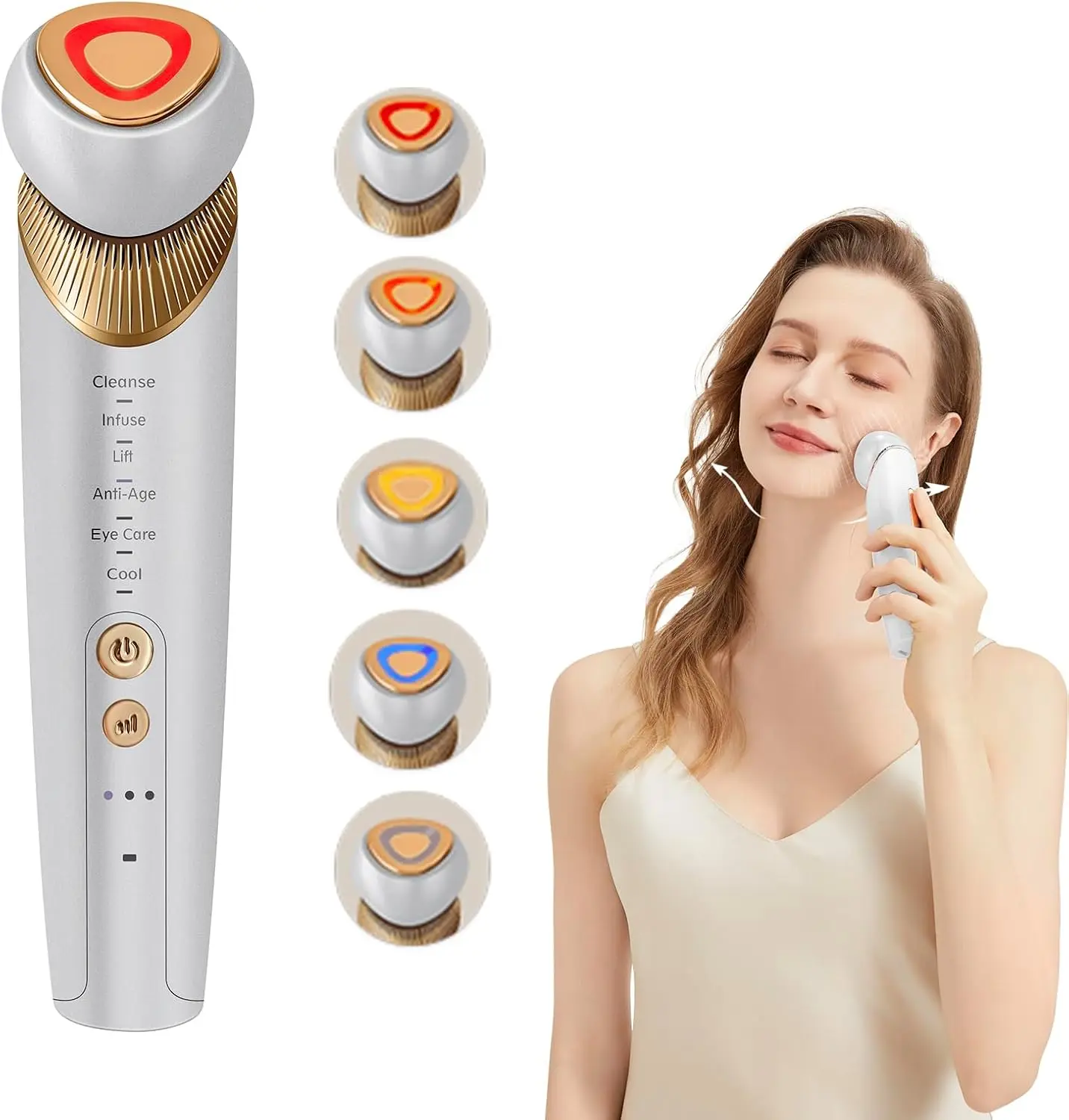 6-in-1 Facial Anti-Aging Face & Neck Massager - Microcurrent, LED Light Therapy, Heating, Cooling Skin Tightening Device with Free Face Gel for Daily Cleansing, Sensitive Skin (Great Gift Option), Soothing