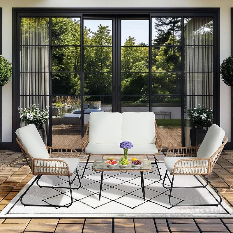 EortheX 4 Pieces Patio Outdoor Cushion Furniture Set,Patio Conversation Set,Rattan Wicker Bistro Sets with Loveseat Cushion Chairs and Modern Glass Coffee Table for Backyard Deck Balcony and Garden Lounge Spaces - Beige EortheX 4 Pieces Patio Outdoor Cushion Furniture Set,Patio Conversation Set,Rattan Wicker Bistro Sets with Loveseat Cushion Chairs and Modern Glass Coffee Table for Backyard Deck Balcony and Garden Lounge Spaces - Beige