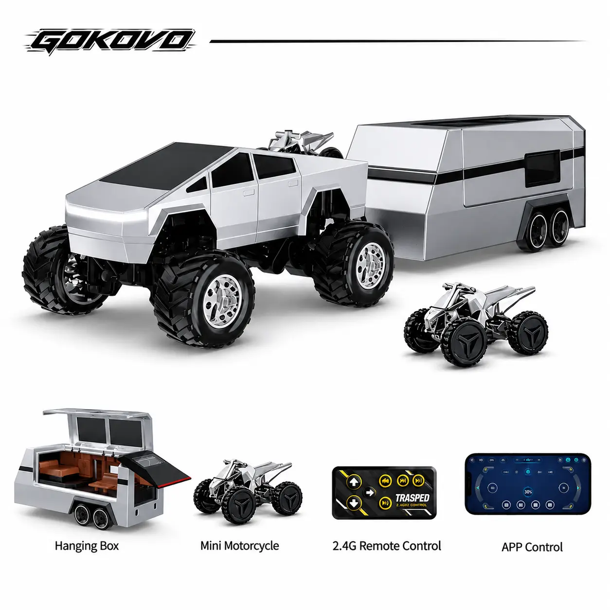 1/64 Miniature Cybertruck Monster RC Car - All-Terrain Metal Off-Road Pickup with Trailer, 2.4GHz Remote & App Control, USB-C Rechargeable Big Wheels, Boyfriend Teen Boy Gift, Cool Gift for Kids