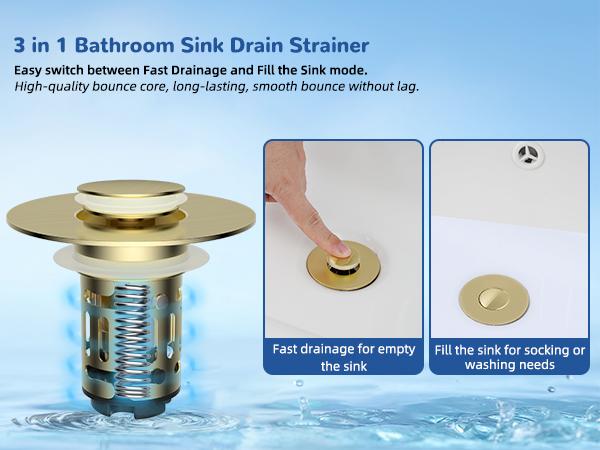 Hibbent Upgraded 3 in 1 Bathroom Sink Drain Strainer, Universal Pop Up Stopper with Removable Stainless Steel Filter Basket Hair Catcher, Sink Plug for 1.1''~2.36'' Basin, Brass Core, Brushed Gold
