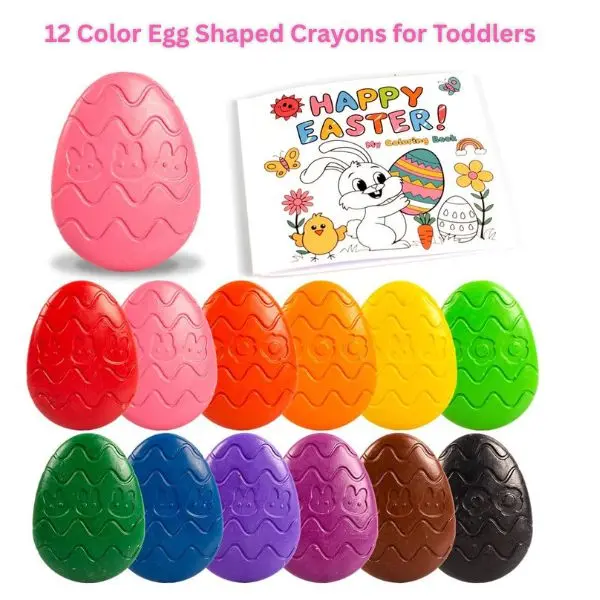 12 Color Egg Shaped Crayons for Toddlers – Non Toxic Washable Toddler Crayons with Easter Coloring Book, Easter Basket Stuffers for Kids, Easter Gifts for Toddlers