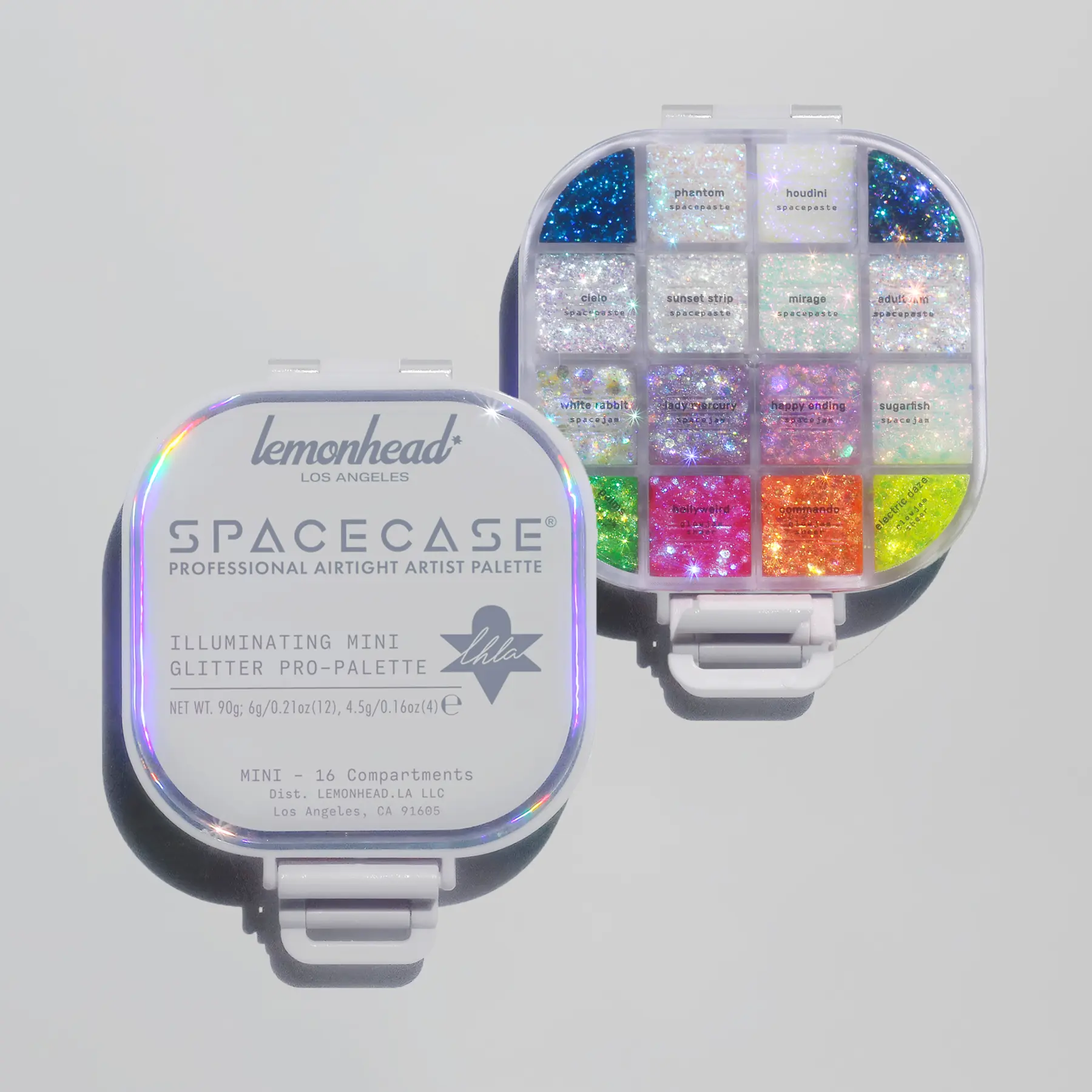 Lemonhead LA SPACECASE Illuminating Mini Glitter Pro Palette – The Original Artist-Made Holographic Sparkly Eyeshadow Palette | 16 Iridescent Shades includes 4 UV Reactive Glitters in Airtight Travel Case