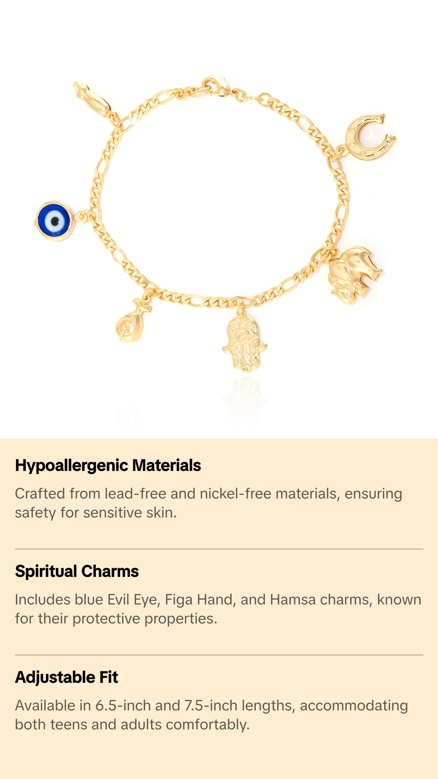 Women Lucky Charms Bracelet with Blue Evil Eye Figa Hand Hamsa Elephant Horseshoe Women Lucky Charms Bracelet with Blue Evil Eye Figa Hand Hamsa Elephant Horseshoe