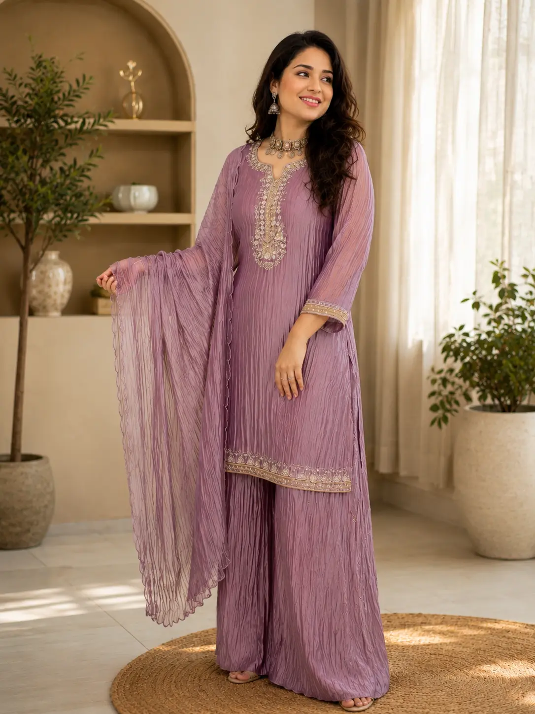 Premium Crushed Tissue Lilac Handwork Plazzo Set