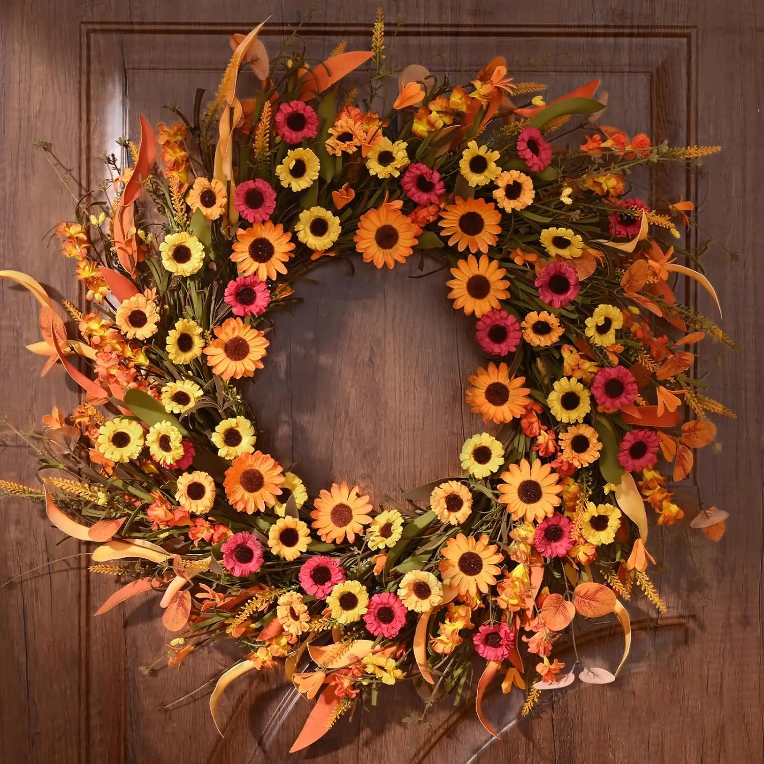 22-Inch Fall Floral Front Door Wreath with Daisies, Lavender, Fall Leaves - Home Decor Accessory, Indoor/Outdoor Thanksgiving Harvest Farmhouse Decoration, Room Decor That Enhances Any Room