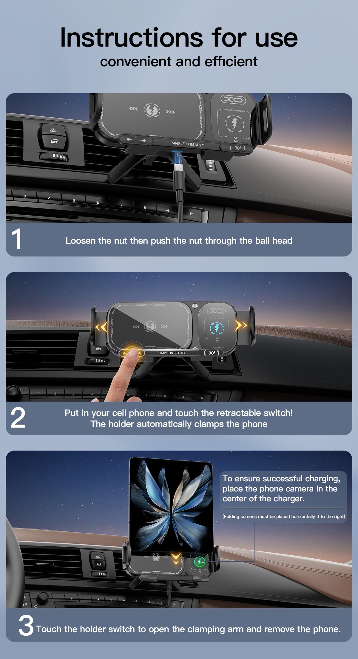 15W Wireless Charging Phone Holder Car Mount for Folding Screen/big screen Smartphone, 90° Rotating Car Mount , Super Stable Air Vent Cell Phone Car Mount with Hook Clip, Check applicable vehicle/car/phone models details in the description