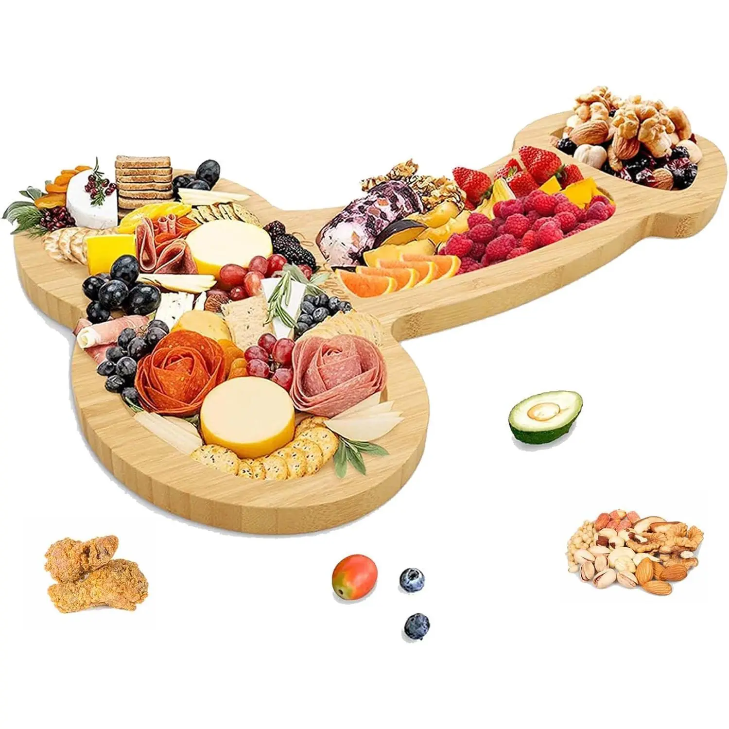 Eco-Friendly Bamboo Shaped Charcuterie Board - 16" Large Solid Wood Serving Platter with Compartments, Food Tableware, Kitchen Supplies (15.7in/40cm, 9.5in/24cm) Durable for Repeat Parties, Valentine's Day Gift