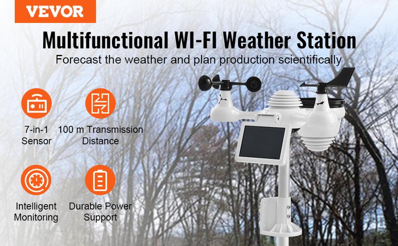 VEVOR 7-in-1 Wireless Weather Station with Wi-Fi,  7" TFT Colorful Display, Solar-Powered Outdoor Sensor, Indoor & Outdoor Monitoring, Includes Temperature, Humidity, Wind Speed/Direction, and Rainfall
