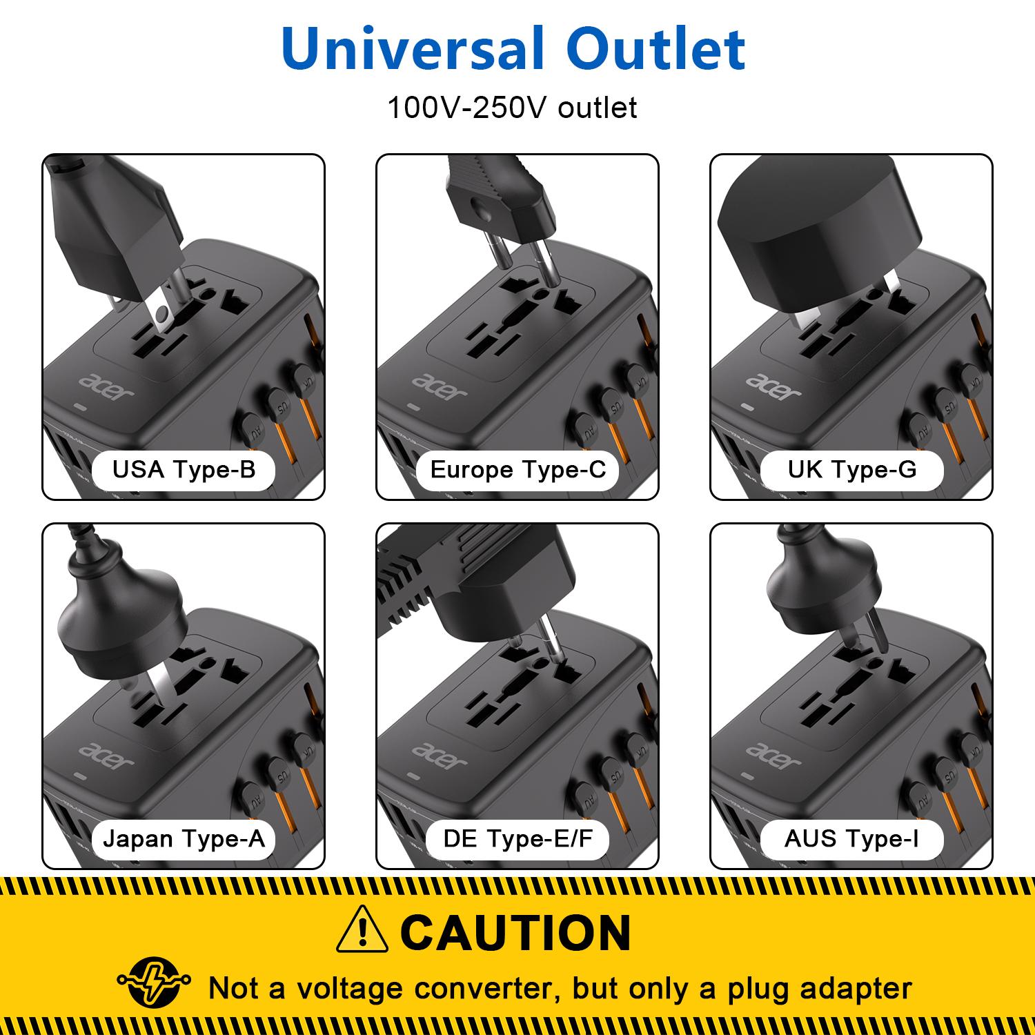 Acer Christmasparade Universal 12 in 1 Travel Adapter With 5 USB Ports (3 USB C), 100-250V Input & 29W Output, US/EU/UK/AU Plugs, International Power Adapter, Worldwide Outlet Charger For USA To European UK France Germany Spain, Black，Pink，Blue，Purple