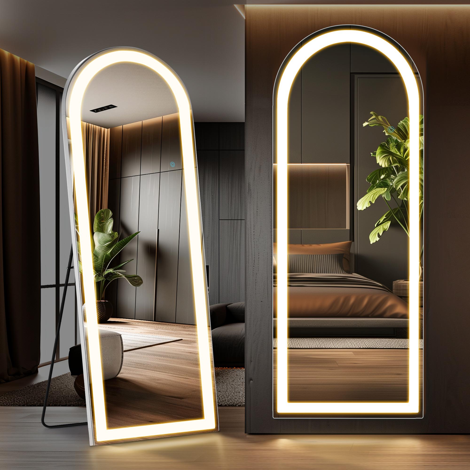 LED Floor Standing Mirror with Stand - 3 Color Lighting (White/Warm/Natural), Lighted Vanity Mirror Wall Mounted or Freestanding, Touch Control (71x26")