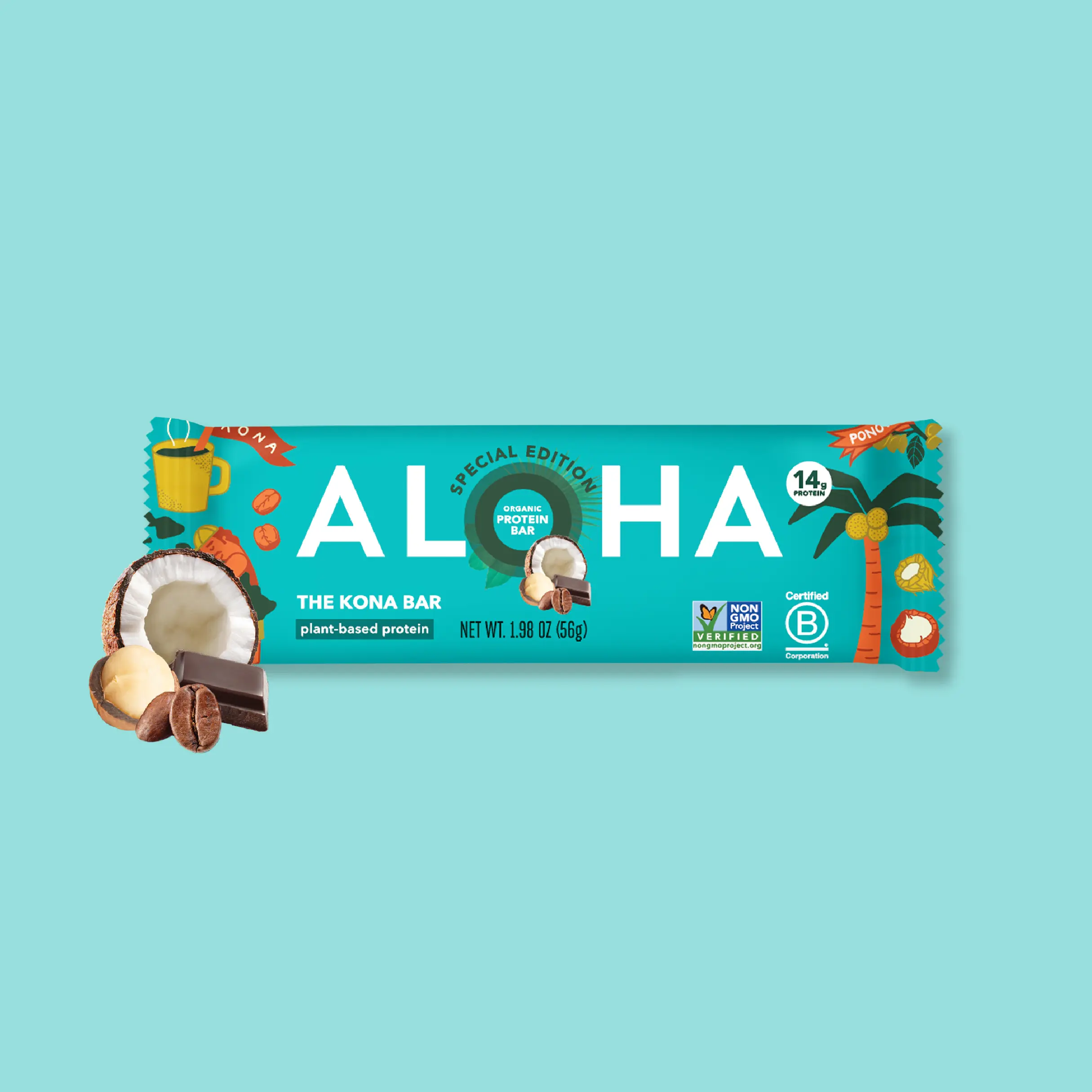 ALOHA The Kona Bar | 6 Bars | 14g Plant Protein, 5g Sugar | Real Kona Coffee + Macadamia Nuts + Coconut | Vegan, Gluten-Free | Made with Hawaiian Ingredients