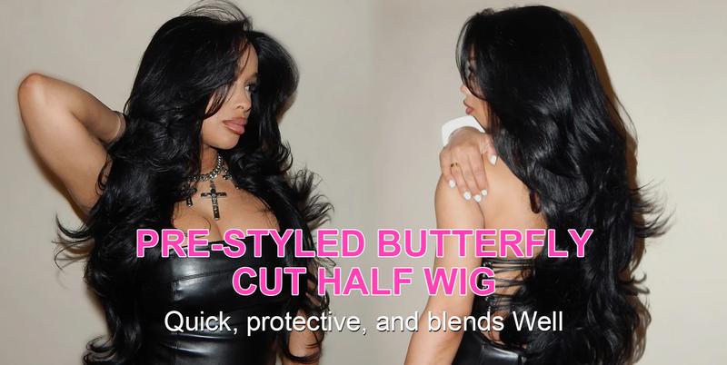[Wear Go Half Wig] BGMgirl Invisible Hairline  Yaki Butterfly Layered Cut/ Afro CurlyHalf Wig Multiple Texture Available Kinky Curly Water Wave Glueless Human Hair Wigs Seamless Flip Over Updo Down Style Hairpiece eve valentines day gift