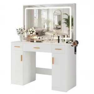 White Vanity Desk with Lighted Mirror & Power Outlet, Makeup Vanity with 3 Drawers, Holder for Bedroom Girls