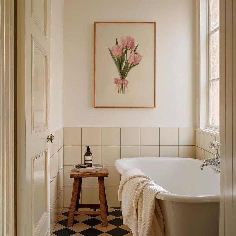 Coquette Tulips Bouquet Print, Pink Girly Aesthetic Wall Art, Y2K Cute Coquette Decor, Blush Pink Bow Poster, 5 Size, 8x12 to 27x40 inch, Room Decor, Unframed