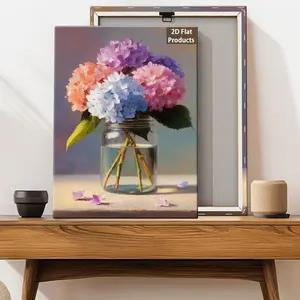 2D Flat, 2D Flat A Wooden Frame Painting a Glass Jar Filled with Colorful Hydrangeas Perfect for Enhancing Living Rooms, Bedrooms, and Hallways, 2D Flat	