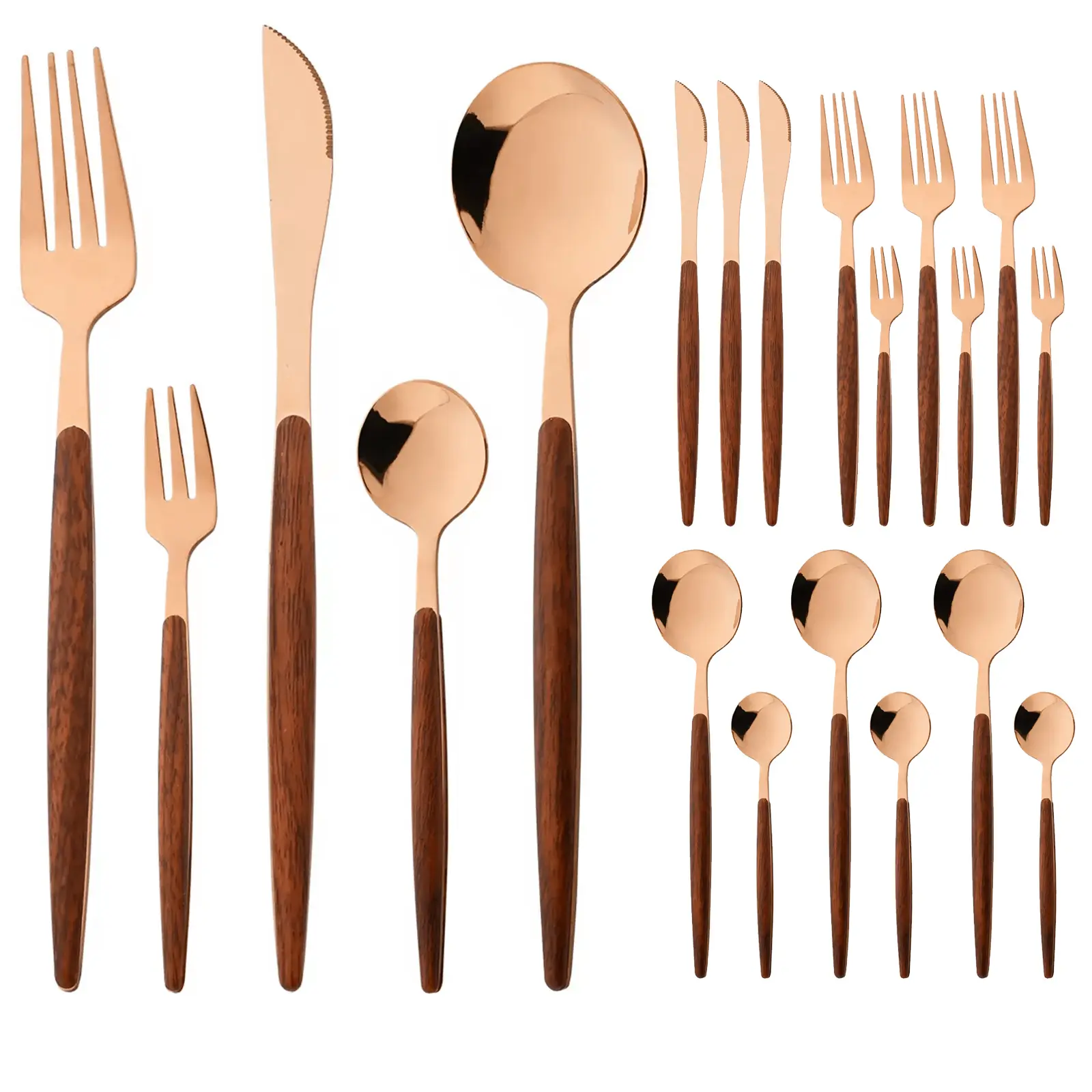 20 Pieces Copper Stainless Steel Cutlery Set Wooden Handle Flatware Set Knife Fork Spoon, Service for 4