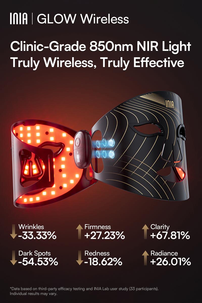 INIA GLOW Wireless Red Light Face & Neck & Chest Mask Bundle – 630nm & 850nm Red Light Therapy Mask Devices | Skincare Set for Lifting, Firming & Radiant Glow at Home, Rechargeable & Portable with 2-Year Warranty