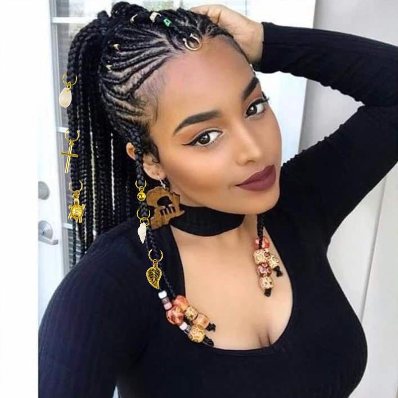 241 PCS Hair Jewelry for Braids, Locs Metal Gold and Silver Clips Shells Imitation Wood Beads, Adjustable Cuffs Braiding Hair Rings Decoration, Dreadlock Beads for Girls Decorative